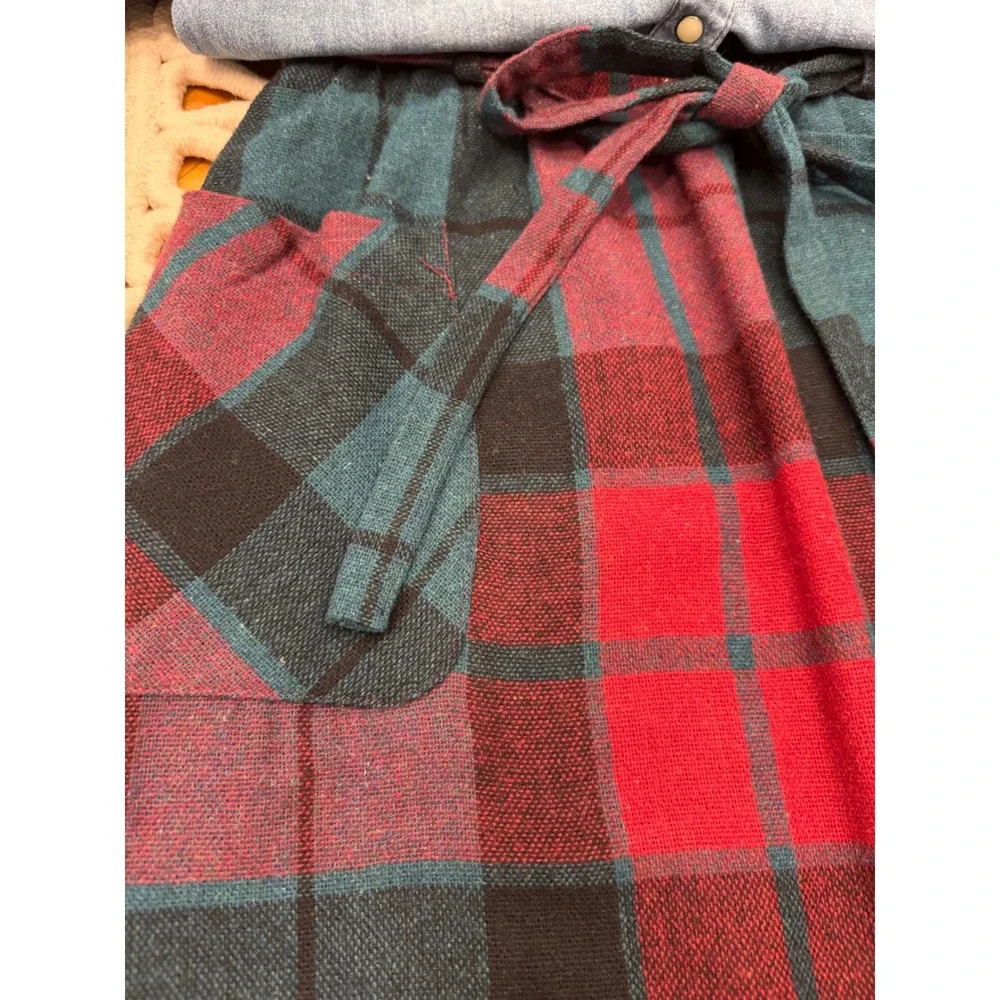 Vintage Plaid Midi Skirt Tie Waist Pockets Wool Blend Red Teal Black Boho Sz S/M